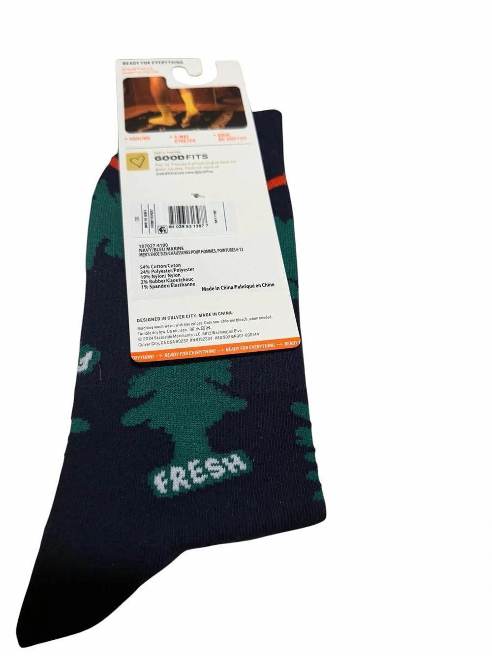 Pair of Thieves Men's Navy Crew Socks with Green Tree Pattern